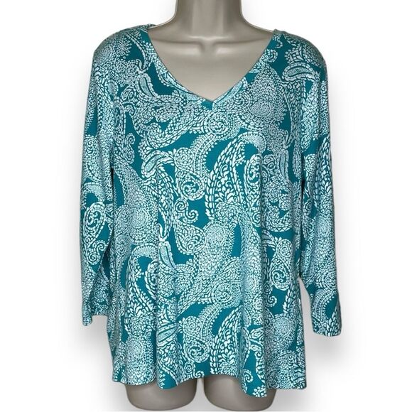 Chicos Paisley Pima Cotton Everyday V Neck Tee Teal White Women Large 3/4 Sleeve - Picture 1 of 12